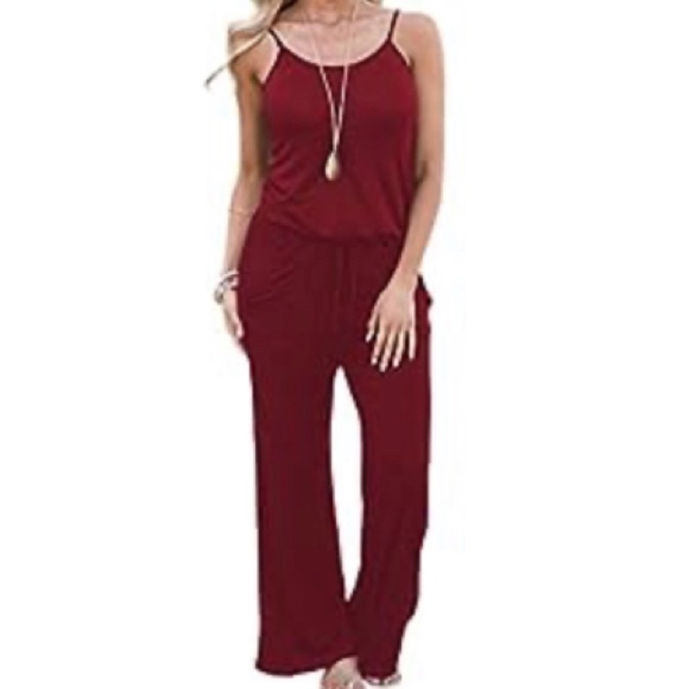 Maroon Adjustable Strap Drawstring Waist Wide Leg Jumpsuit